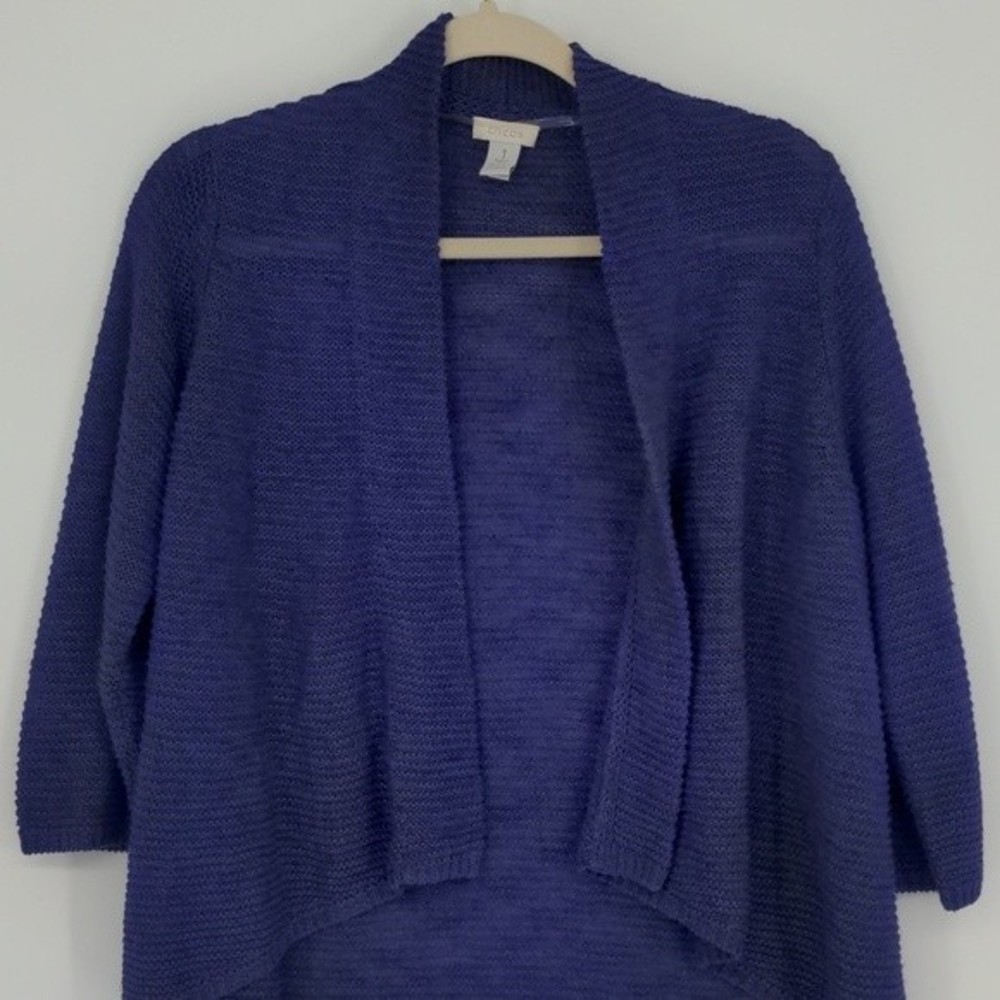 Chico's Women's Purple Linen Blend Cardigan Size Medium Open Front Short Length - Picture 4 of 12